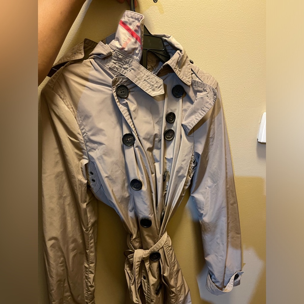 Burberry Tan Trench Coat with Belted Waist & High Collar